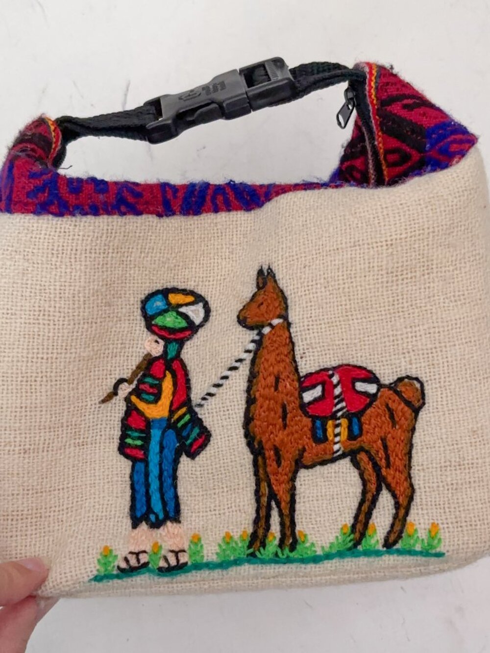 Peruvian Woven Textile Pouch Small Boho Bag w/ Clip & Zip Closure Embroidered
